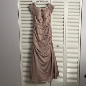 Off the Shoulder Beaded Satin Trumpet Gown